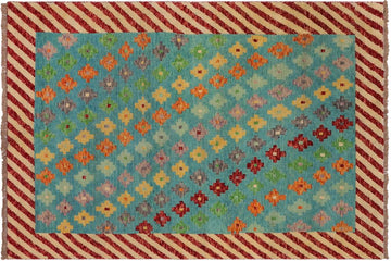 handmade Geometric Balouchi Blue Beige Hand Knotted RECTANGLE 100% WOOL area rug 4' x 6'